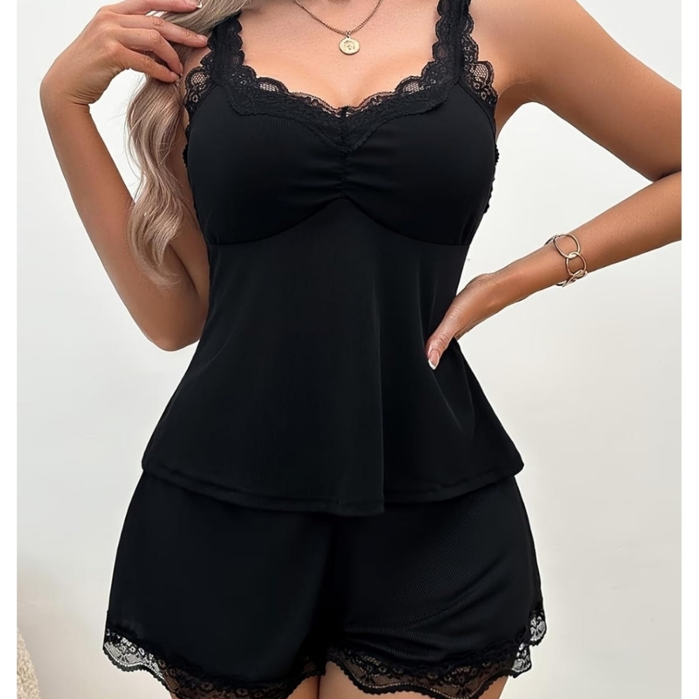 Lace-Trim Large Black Satin Sleep Cami & Shorts Set (Never Been Worn)